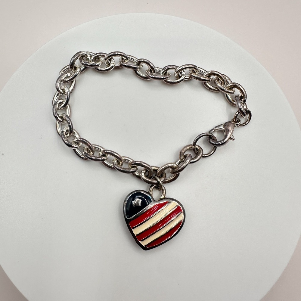 Vintage 90s American Flag Heart Charm Bracelet Silver Tone Enamel Jewelry